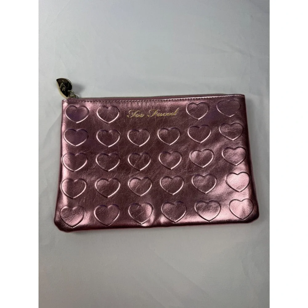 Too Faced Metallic Pink Heart Embossed Makeup Bag Cosmetic Pouch Gold Logo